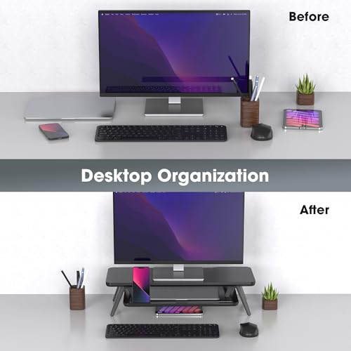 Image of Fenge Monitor Stand, Monitor Stands Riser for Desk, 23.6 Inch Wood Desk Shelf with Storage Organizer and Cable Management for Office Desk Accessories