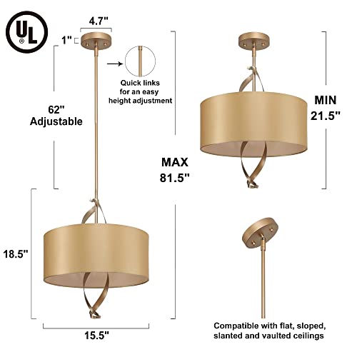 Durent Lighting Modern Gold Chandelier, 3-Light Mid-Century Drum Pendant Light Fixture With Fabric Shade For Bedroom, Living Room, Kitchen Island, Dining Room, Foyer, And Hallway #TOP1