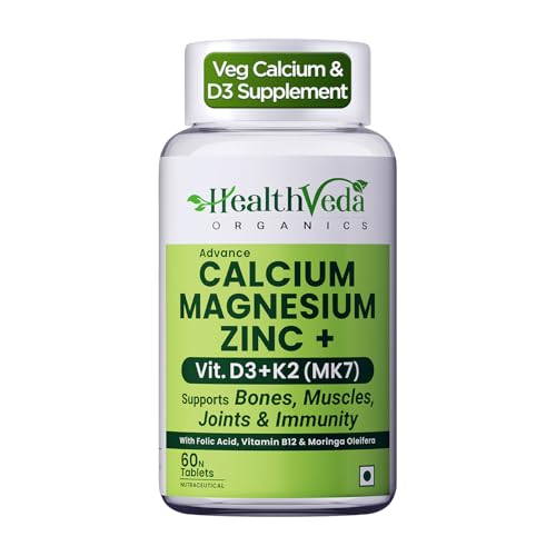 Health Veda Organics Calcium Magnesium Zinc with Vitamin D3, K2 MK7 & B12 | With Cissus Quadrangularis | Supports Strong Bones & Joint Health | 1000mg | 60 Veg Tablets | For Men & Women
