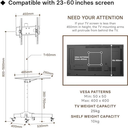 Soporte móvil para TV con ruedas, ajustable en altura, para pantallas de 23-60" miniatura 2