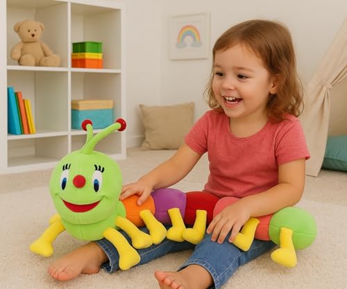 Image of Super Soft Colorful Caterpillar Stuffed Toy Long Plush Animal with Rainbow Body Segments Cute Cartoon Face Bright Antennae & Multiple Legs Perfect for Children, Toddlers Learning Play(9cm)