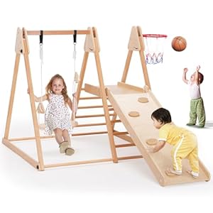 4 in 1 Indoor Jungle Gym, Wooden Baby Toddler Climbing Toys Montessori Climber Playset for Kids, Indoor Playground with Slide, Swing, Climbing Wall & Basketball