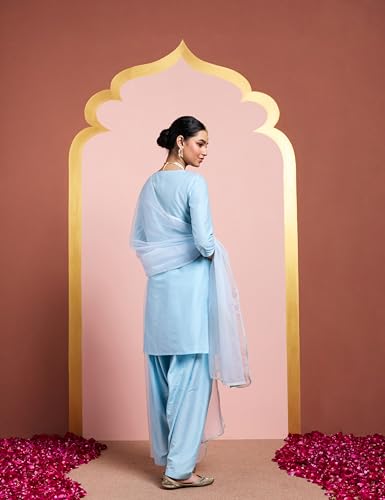 Image of Amazon Brand - Myx Women's Straight Embroidered Farsi Kurta Set with Organza Dupatta | Dhoti Pants (Available in Plus Sizes)