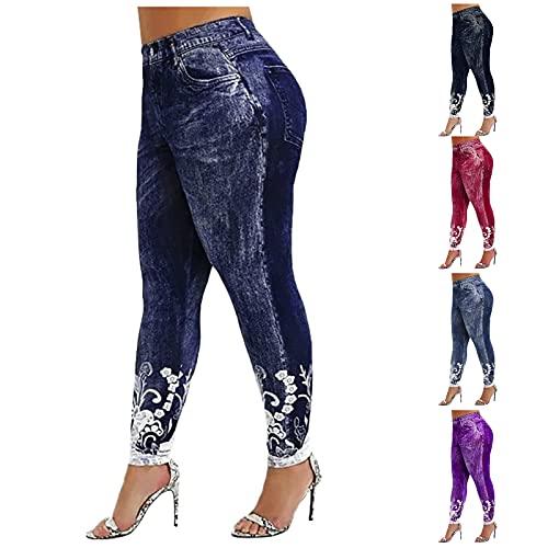 Esbelle Plus Size Jean Leggings for Women, Butterfly Printed Denim High Waisted Yoga Pants Stretch Jean Look Jeggings Tights(Black,XXL)