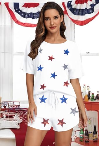Image of VILOVE 4th of July 2 Piece Sequin Outfits Women 250 Anniversary Usa Shirts and Short Sets Casual Patriotic Shirt Summer Set