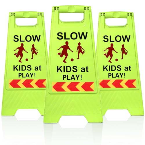 Covzoe 3 Pack Slow Kids at Play Sign, Children Playing Sign for Street with Reflective Tapes Handle, 24 Inch High Visibility Green Kids Pets Caution Warning for School, Sidewalk, Driveway, Park