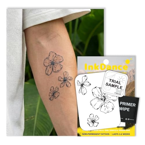 InkDance Semi-Permanent Tattoo, Line Art Hibiscus, Long Lasting Temporary Tattoos, Waterproof Plant-Based Ink, Lasts 1-2 Weeks, Color Develops in 24 Hours X242