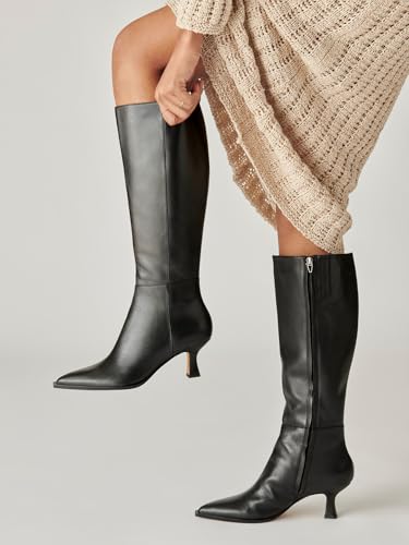 Coutgo Womens Knee High Boots Kitten Low Heel Pointed Toe Tall Boots Side Zipper Winter Dress Shoes2