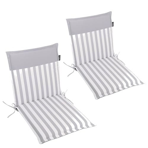 LILENO HOME Malta - Cuscini per sedia da giardino, in set da 2, per sdraio con schienale basso, comodi cuscini per sedie pieghevoli, a righe/tinta unita, grigio chiaro