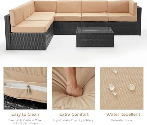 U-MAX 7 Piece Outdoor Patio Furniture Set, PE Rattan Patio Wicker Sectional Furniture Chair Set with Cushions and Tea Table, (Black Rattan&Beige Cushion)