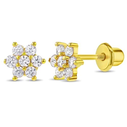 Gold Plated Cubic Zirconia Flower Safety Screw Back Earrings for Babies and Toddlers 5mm - Delicate and Sparkling Flower Earrings for Little Girls - Lovely Floral Studs
