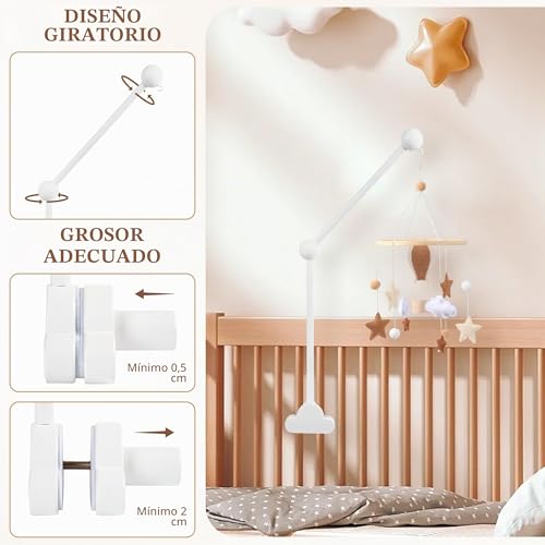 Miniatura 5 de Oakencrest Soporte Móvil Para Bebé, Soporte De Móvil Extraíble, Soporte De Madera Para Cuna Con Forma De Nube, Brazo Móvil De Cuna Para Juguetes, Campanas De Viento Y Decoración De Habitación, Blanco
