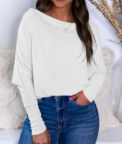 Okiwam Women's Fall Tops Long Batwing Sleeve Shirts Boat Neck Off The Shoulder Loose Tunic Blouses 2025 Fashion Clothes