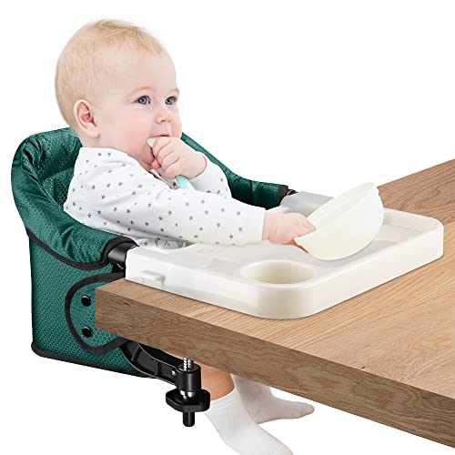 Image of Hook On Chair with Removable Dining Tray, Portable Table High Chair, Folding Compact Baby Seat with Storage Bag for Indoor/Outdoor,Dark Green