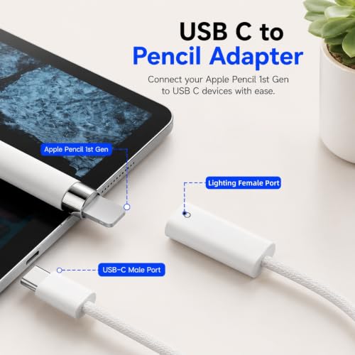 Image of Verilux C Type Charger Cable for Apple Pencil 1st Generation 1M, USB C to Pencil Adapter Compatible with iPad 10th Gen 2022 11th Gen 2025, Bluetooth Pairing Connector for Fast Charging Easy Pairing