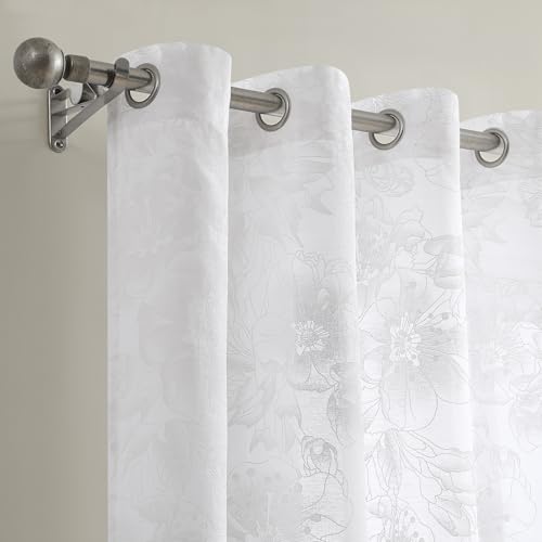 Image of Warm Home Designs 96 Inch Embroidered White Floral Curtains. FL White 96 | Sheer Printed Modern Farmhouse Flower Curtains. Embroidered, Textured Floral Drapes for French, Country or Floral Decor.