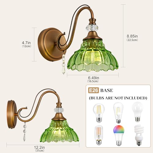 Image of 1 Piece Vintage Wall Sconce, 1-Light Matte Antique Brass Finish Wall Sconce with Hanging Crystal Accents and Flower-Shaped Green Shades for Bathroom Bedroom Living Room,Vintage Vanity Light