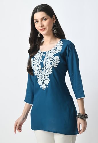 Image of LIBOZA Kurti for Women - Short Chikankari Kurtis for Girls, Lakhnawi Tunic Top Kurta Design for Ladies, Woman Ethnic Kurthis & Shirt with Sleeve