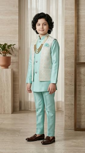 Image of AHHAAAA Kids Ethnic Silk Blend Waistcoat Kurta Pyjama 3 Piece Sherwani Set For Boys |540|