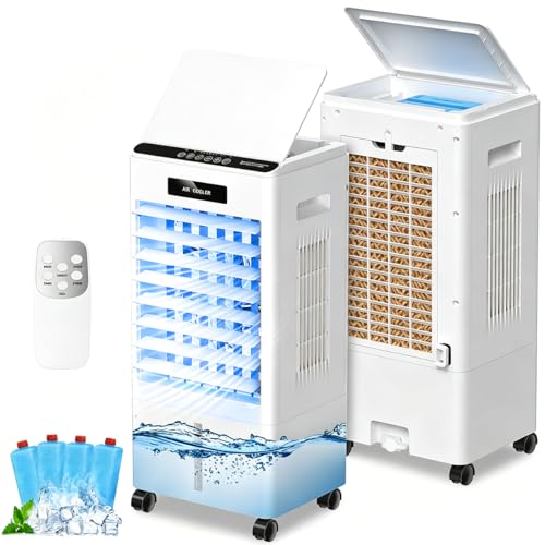 Portable Air Conditioners, 3-in-1 AC Cooling Fan 3 modes 3-Speed with Remote Control & 4 Ice Boxes, Evaporative Air Cooler with 8L Tank 20H Cooling, for Home, Bedroom, Kitchen (White)