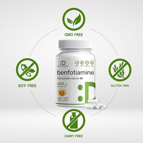 Image of Benfotiamine 600mg Per Serving, 180 Veggie Capsules (300mg Per Cap) - Fat Soluble Vitamin B1 Thiamine Supplement - 3rd Party Tested, Vegan, Non-GMO, Gluten Free