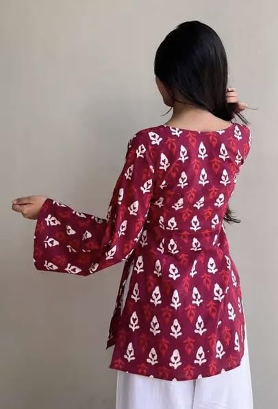 Image of FELISIA Women's Full Sleeves Rayon Printed Square Neck Short Kurti, Bell Sleeves, Short Kurti for Women, Stylish Ethnic Top, Daily Casual Western & Office wear