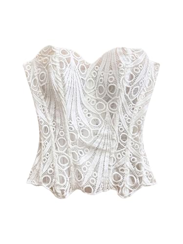 SHENHE Women's Strapless Corset Top Lace Up Embroidered Y2k Going Out Crop Top Tube Bustier White Small