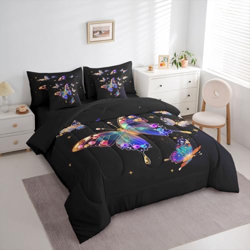 Image of Erosebridal Flying Butterfly 7 Pieces Bedding Set King,Diamond Butterflies Bed in a Bag,Outer Space Galaxy Bed Set Includes Comforter,Sheet Set,Pillowcases & Pillow Covers,Starry Sky Bedroom Decor