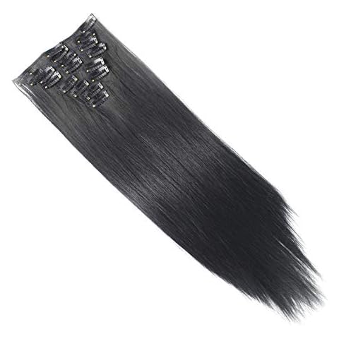 Clip in Hair Extensions - Jet Black - Straight - 15in / 38cm - Full Head - 8 Pcs 110g - Heat Resistant Hair Piece Cover