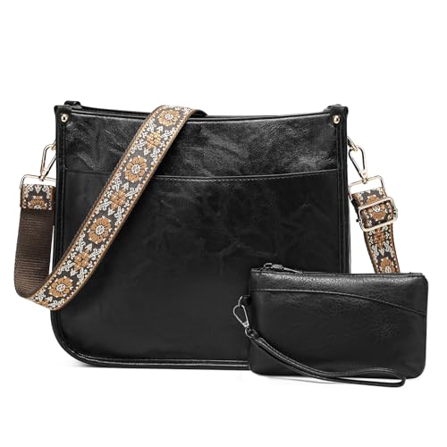 BAIGIO Bolso Bandolera Mujer Cuero PU, Bolso Mujer Bandolera Mediano con Correa Ancha, Bolsos Hombro Cruzado Mujeres y Monedero Carteras Set para Viaje Trabajo Casual Escuela, Negro-2PCS