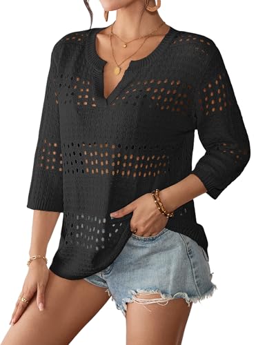 Bsubseach Crochet Tops for Women 3/4 Sleeve Swimsuit Coverup Beach Vacation Clothes Spring Summer Sweaters