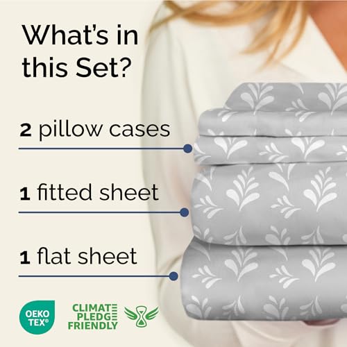 Image of King 4 Piece Floral Sheet Set - Soft, Breathable & Cooling - Gray Sprig | 1 Flat, 1 Fitted & 2 Pillowcases w / Deep Pockets, Boho Botanical Floral Bedding, Breathable & Cooling, Wrinkle & Fade Free