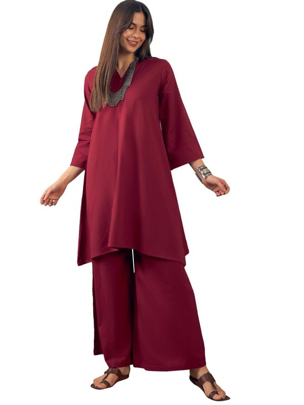 BURGUNDY V NECK LONG FULL SLEEVE KURTA PALAZZO SET-image-5