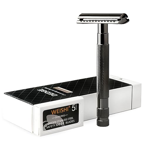 Classic Double Edge Safety Razor Single Blade Razor for Men, Reusable Razor, with 5 Premium Razor Blades(Black)