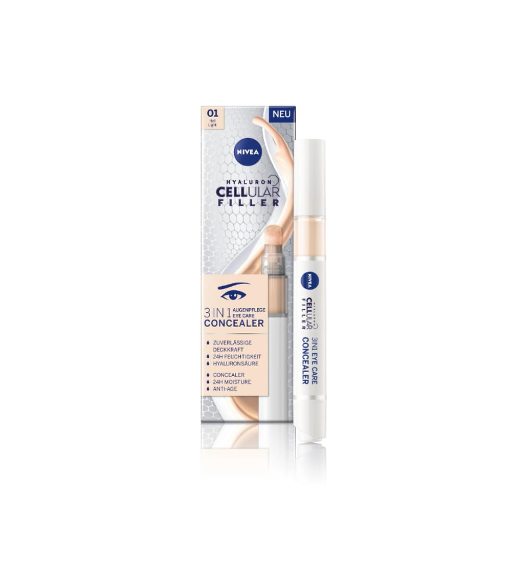 NIVEA Hyaluron Cellular Filler 3 in 1 Eye Care Concealer for Dark Circles & Fine Lines, Light Shade 01 4ml - Idratante Anti-Age Eye Cream with Mineral Pigs & Hyaluronic Acid for Radiant Under Eye