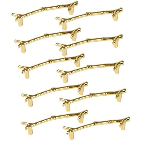 Fvstar 10pcs Vintage Twig Cabinet Pulls Handles Knobs, 3.75" Drawer Dresser Pulls Handles,Rustic Kitchen Cabinet Pulls,Zinc Alloy Tree Branch Farmhouse Furniture Handles for Cupboard,Gold Cover
