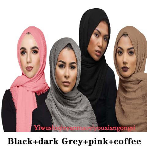QYMY 4pcs Set Hijab Muslim Head Scarf Solid Color Long Scarf Wrap Scarves Cotton Scarf for Women Fashion L70.7”xW35.4” QY4144