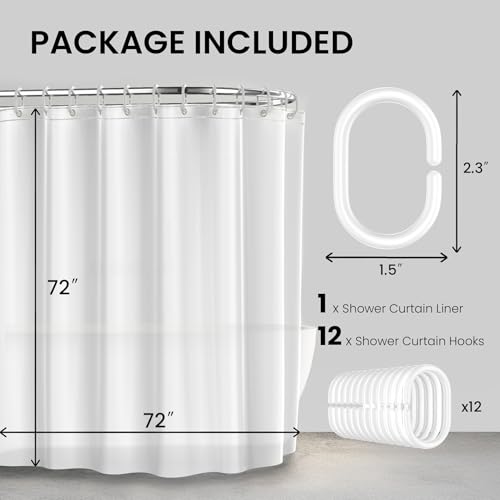 Image of LiBa Shower Curtain PEVA 10G, 72x72 Inch White with 12 Rings | Heavy duty, includes 12 rings, waterproof plastic shower curtain, weighted magnets, bathroom accessories