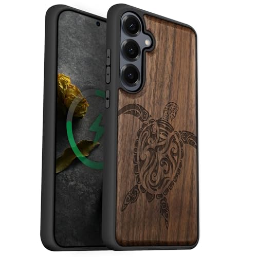 Coque bois Galaxy S25 robuste anti-rayures motif tortue ethnique