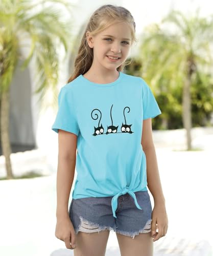 Girls T-Shirt Tie Knot Front Short Sleeve Casual Cute Print Tee Crew Neck Lovely Loose Summer Solid Blouse Tops Size 4-132