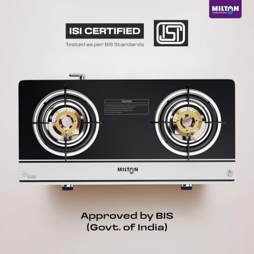 Image of Milton Ignis Pro 2 Burners Auto Ignition Gas Stove | ISI Certified | 6mm Toughened Glass Top | 360 Degree Nozzle | Heavy Duty Pan Support | Brass Burners | 1Y Manufacturer's Warranty -Black & White