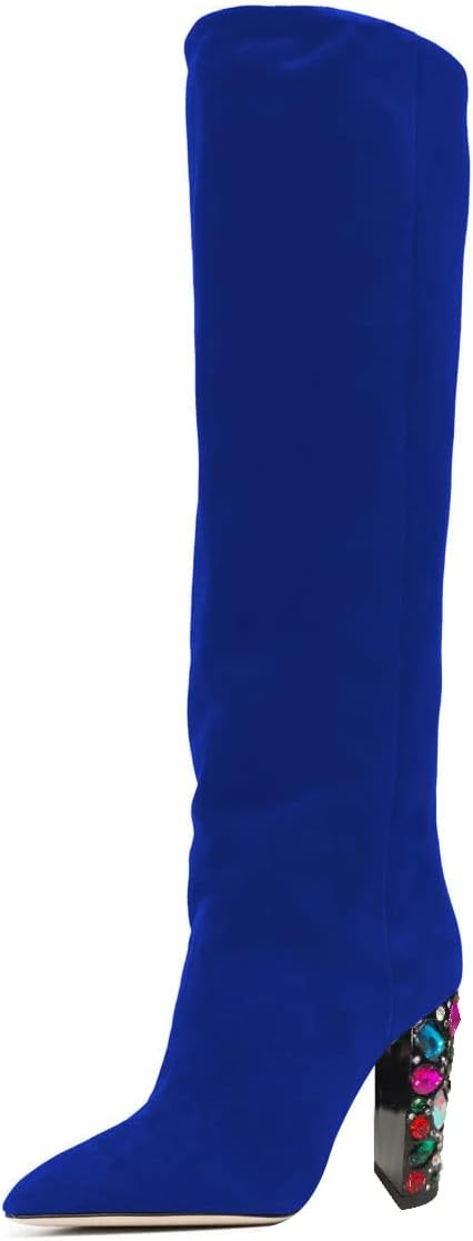 YDN Women Pointed Toe Over The Knee Boots Block High Heel Thigh High Boots Rhinestone Studded Fashion Shoes Size 4-15 US