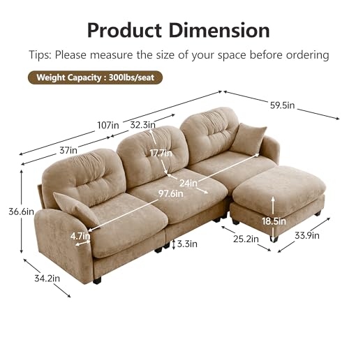 Image of KEIKI 107 inch L-Shaped Oversized Chenille Modular Sectional Sofa with 1 Ottoman, High-Density Foam Cushions, Tufted Pleated Cushion Backrest, Modern 3-Seater Couch with 2 Pillow, for Living Room, Camel