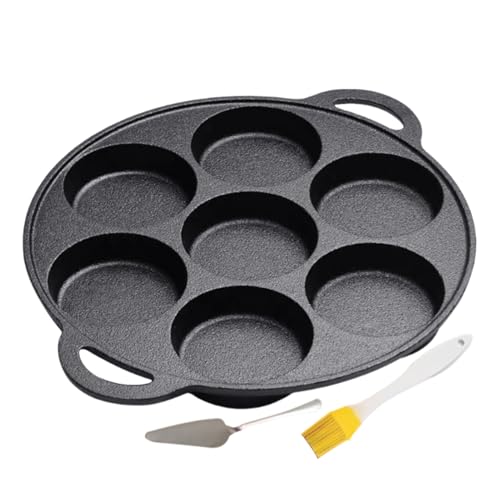 Generisch Sartén para tortitas – 12,01 pulgadas de hierro fundido | Sartén de hierro fundido – 1500 g 7 agujeros antiadherente parrilla con espátula y cepillo de para huevos, crepes panqueques