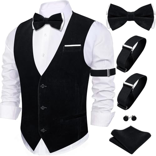 Barry.Wang Men's Velvet Vests Formal Waistcoat Bowtie Set Hanky Cufflinks Armband Wedding Party Tuxedo Vest 6PCS