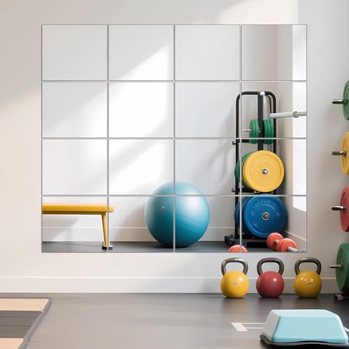 Image of Ruomeng Home Gym Mirrors 14 inch x 12 inch x 16Pcs Wall Mounted Mirror Glass Frameless Full Length Mirror Tiles for Home Gym, Bedroom, Door & Bathroom