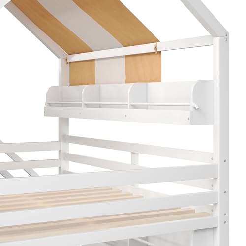 Image of Bellemave Bunk beds Full Over Full with Slide and Stair and Bookshelf House roof Design, Low bunk /loft Bed for Kids,White