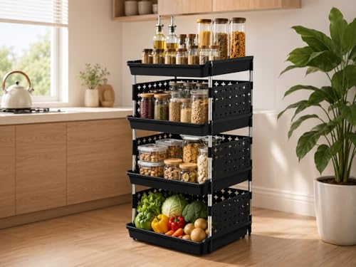 Image of KITCHIVO Multipurpose Storage Rack Organizer with Stainless Steel Pipes | Heavy Duty Plastic Shelf Stand for Kitchen, Bathroom, Laundry & Pantry (Black, 4 Layer)