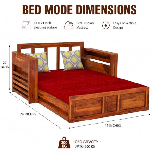 Image of Douceur Furnitures Solid Sheesham Wooden 2 Seater Sofa Cum Bed with Mattress & 2 Cushions and Side Pockets, Wood Foldable Convertible Sofa Diwan Cum Bed for Living Room and Bedroom,Teak Finish