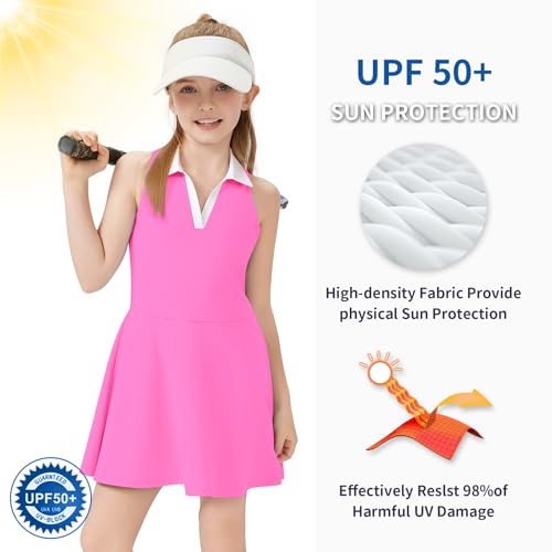 WOWENY Girls Tennis Dress Polo Sleeveless Golf Outfit Kids Workout Sets Athletic Dress with Shorts Pockets 4-14 Years Pink L by WOWENY - Used condition - Image 2